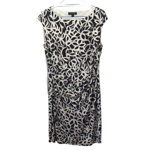 Ralph Lauren Gray Ivory Floral Sheath Dress Ruched Side Cap Sleeve Size16